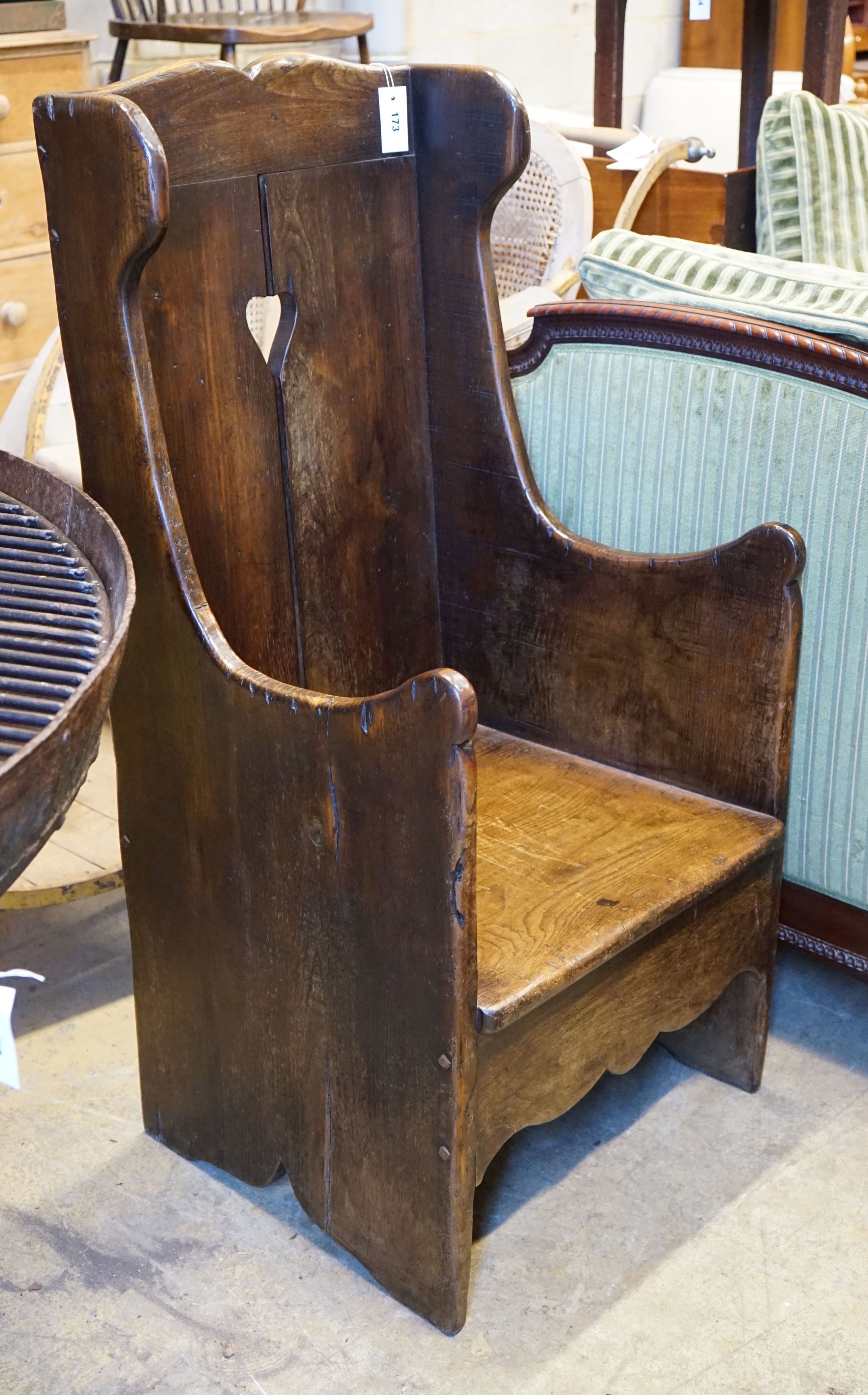 An oak lambing chair, in 18th century style, 116 cm high